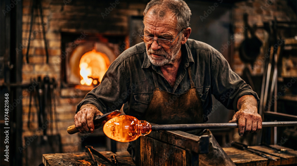 Fototapeta premium Glassblower creates glass art in workshop using furnace at sunset with tools and materials around