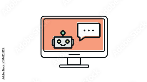 Colorful AI chatbot icon: desktop computer with friendly robot and speech bubble, multicolor offset fill and black line vector illustration.