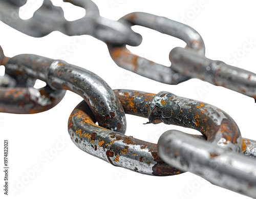 Close-up of weathered, rusty metal chain links against white