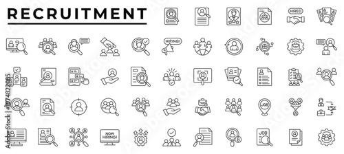 Recruitment process outline icons set with hiring workflow, job search, resume review and HR selection line icon set