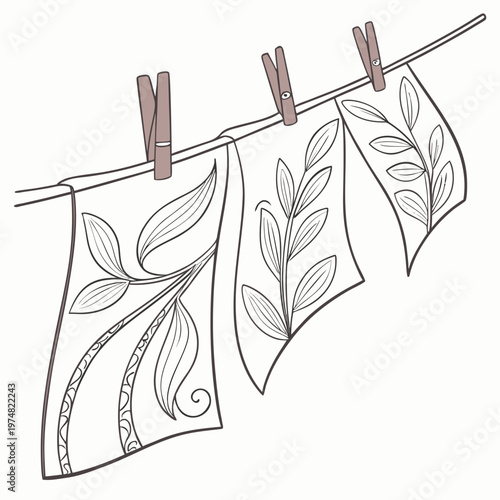 A minimalist line drawing depicts three rectangular cloths adorned with botanical motifs hanging on a clothesline with wooden clothespins high quality professional
