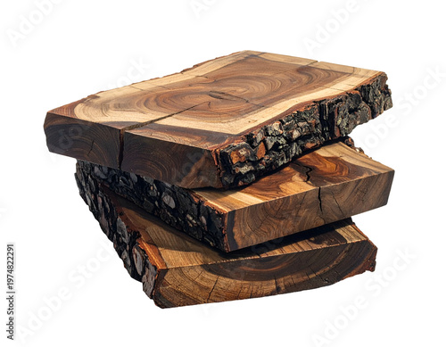 Stacked natural wood slices with rough bark edges