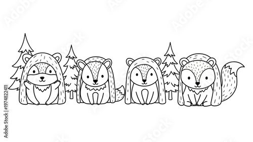 Cartoon Raccoon Animals Forest Scene.