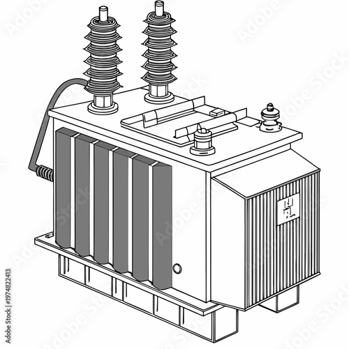 A detailed line drawing depicts a large electrical transformer with visible cooling fins and cylindrical insulators showcasing industrial power equipment high quality
