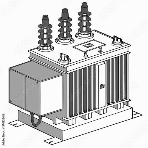 An illustrative depiction of a high voltage electrical transformer with multiple bushings and a cooling fin arrangement high quality professional detailed modern