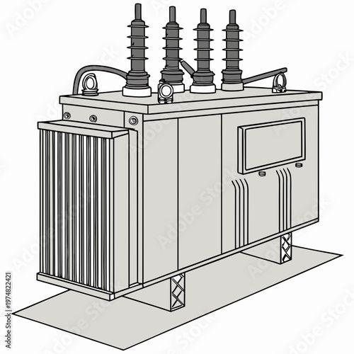 A detailed line drawing depicts a gray electrical transformer with porcelain insulators and a metallic casing showcasing power distribution technology high quality