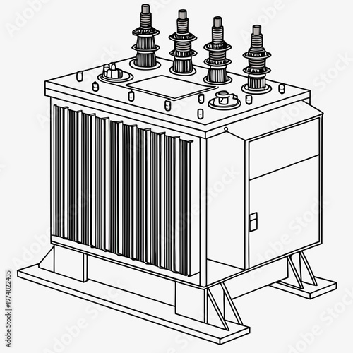 A detailed black and white line drawing depicts an electrical transformer with cylindrical bushings and a ribbed cooling system high quality professional