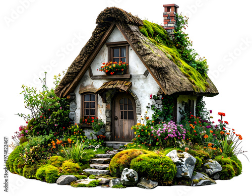 Charming cottage with thatched roof, stone path, overgrown with colorful flowers