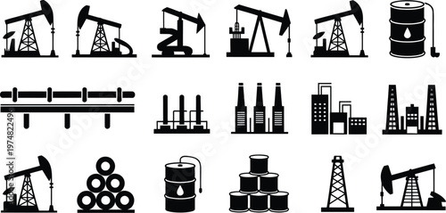 Oil industry icons petroleum production processing symbols drilling rigs refineries barrels energy sector flat vector illustration.
