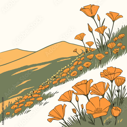 A stylized illustration depicts vibrant orange california poppies blooming in a field set against rolling hills and a soft background high quality