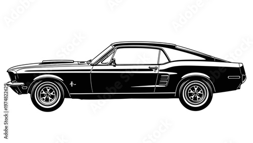 Vintage Black Mustang Car Side View.