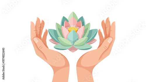 Hands Holding Lotus Flower Illustration.