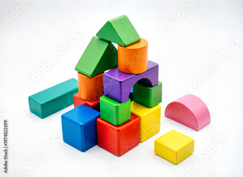 tower made of colorful wooden blocks on white
