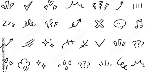 Collection of hand drawn symbols and doodles on a white background expressing creativity and imagination