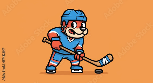 Cartoon Hockey Player Playing Ice Hockey.