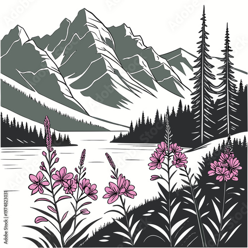 A serene landscape illustration depicts towering mountains a calm lake evergreen trees and vibrant wildflowers in the foreground high quality professional detailed