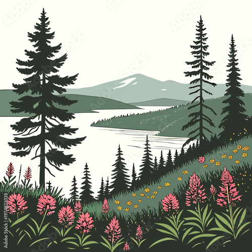 A serene landscape depicts a calm lake surrounded by lush evergreen forests rolling hills and a distant mountain peak high quality professional