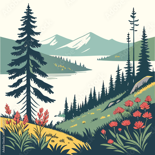 A serene landscape depicts a calm lake surrounded by evergreen forests and distant snow capped mountains showcasing natural beauty high quality professional