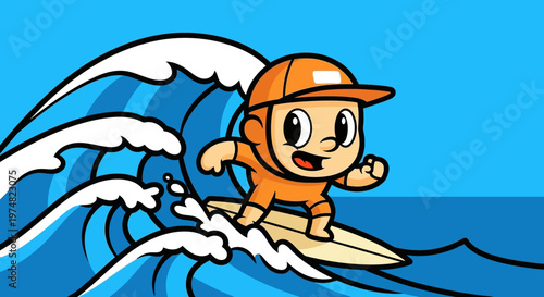 Cartoon surfer on wave riding.