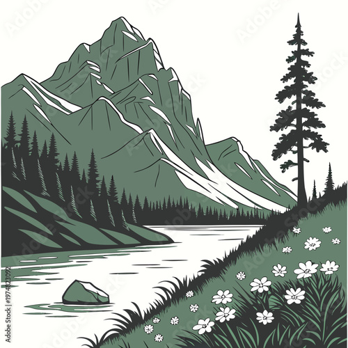 A stylized illustration depicts a serene mountain landscape with a calm lake evergreen trees and wildflowers in the foreground high quality professional