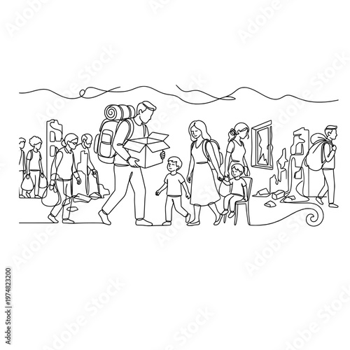 Silhouettes of civilians walking under a dark sky with bags and blankets, continuous one line doodle drawing