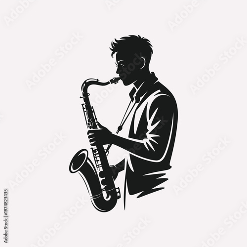 Saxophone player silhouette jazz musician vector music performer illustration. Perfect for music branding jazz posters concert graphics and entertainment designs.