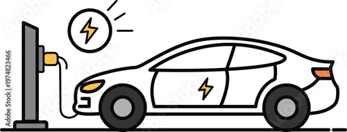 Electric car charging at a station with lightning bolt symbol on the vehicle and charger