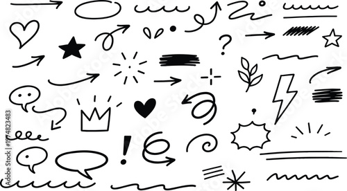 Hand drawn doodle collection a whimsical assortment of arrows shapes and symbols in black ink
