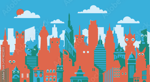 A whimsical and colorful cartoon cityscape with anthropomorphic buildings under a blue sky, featuring a mix of modern and traditional architectural styles.