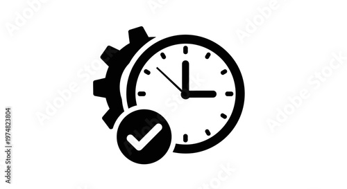 Clock icon with a checkmark and a rotating gear, symbolizing effective time management and process optimization, on an isolated white background, conveying productivity and confirmed schedules.