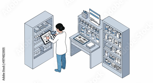 Isometric Illustration of a Pharmacist Using a Digital Tablet and Scanner for Medicine Inventory Management in a Modern Pharmacy