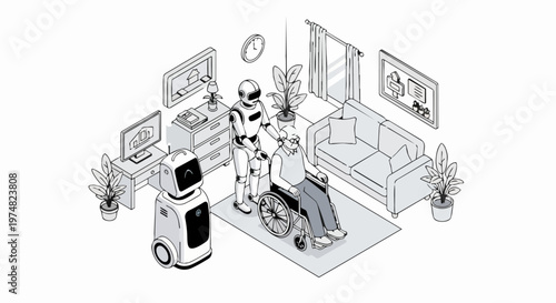 Future Elder Care Technology: Humanoid Robot Assisting Senior Man in Wheelchair, Smart Home Healthcare Isometric Vector Illustration