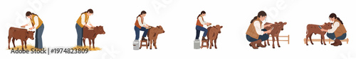 Collection of flat vector illustrations depicting a female farm worker grooming and brushing a brown calf in various poses against a white background.