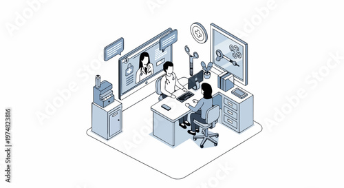 Isometric Telemedicine Illustration of Patient Consulting with a Doctor and Virtual Healthcare Specialist in a Modern Digital Medical Office
