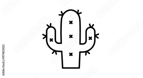 Stylized Black Line Art Cactus Plant with X Marks on Isolated White Background