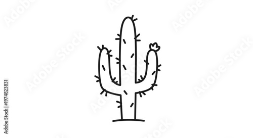 Simple line art illustration of a saguaro cactus with multiple arms, representing desert flora, on an isolated white background, conveying natural beauty and resilience.