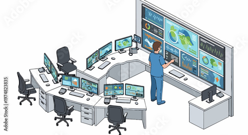 Modern Command Center Isometric Vector Illustration with Technician Monitoring Data Displays in a Network Operations Center (NOC)