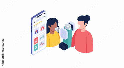 Isometric Illustration of Smart Asthma Inhaler and Mobile Health App for Respiratory Care and Lung Function Monitoring