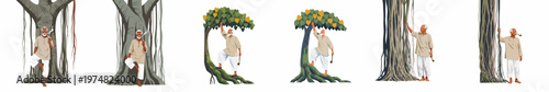 Set of illustrations depicting an elderly South Asian man interacting with banyan trees, portraying themes of tradition, nature, and peaceful rural life.