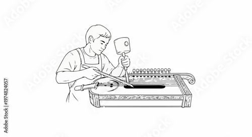Artisan crafting stringed instrument with hammer and chisel
