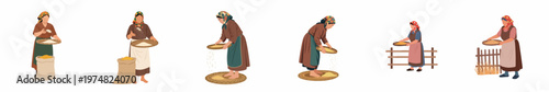 Collection of Flat Vector Illustrations Depicting Rural Women Traditionally Sifting Grain and Flour in Various Settings on a White Background