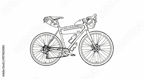 Black and white sketch of a loaded gravel bike with frame bags and water bottles