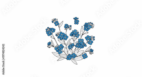 A delicate illustration of blue forget-me-not flowers with green stems