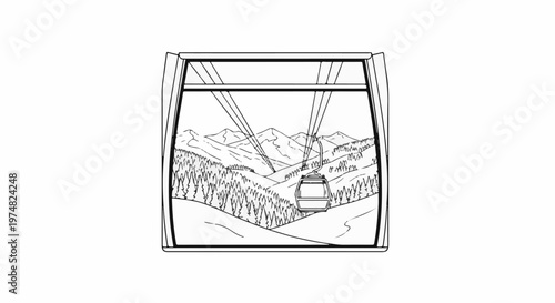 Gondola ascending snowy mountain slopes amidst pine trees and peaks