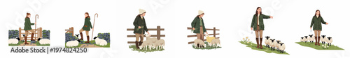 Set of flat illustrations featuring a young female shepherdess tending to her flock of sheep and lambs in a rural farm setting.