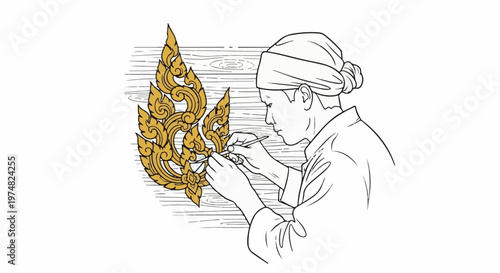 Artisan intricately carving ornate golden floral motif on wooden surface