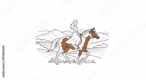 Artistic sketch of a young woman on horseback riding through a rural landscape