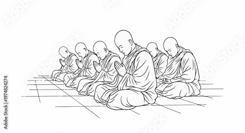 Monks sitting in meditation, hands clasped in prayer on a tiled floor