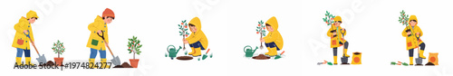 Series of illustrations showing a young boy in a yellow raincoat engaged in gardening activities like digging and planting small fruit trees.