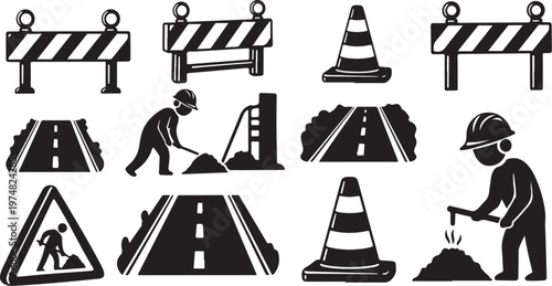 Road construction icons and signs in black and white